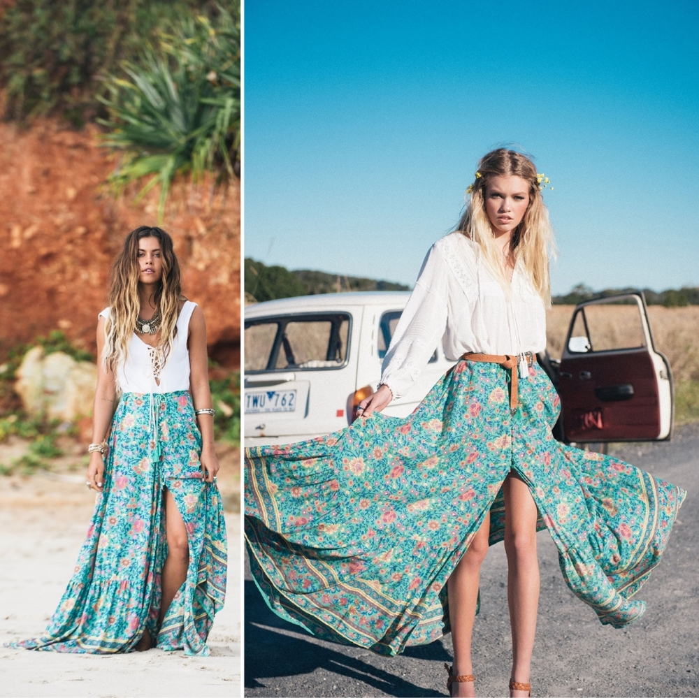 New spell original drop folk town maxi skirt turquoise L folktown NWT teal og - Picture 1 of 16